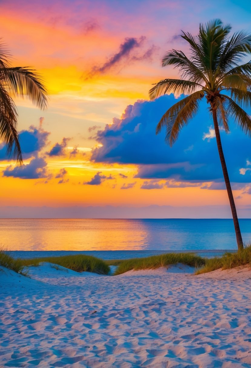 A colorful sunset over a sandy beach, with palm trees and a calm ocean in the background