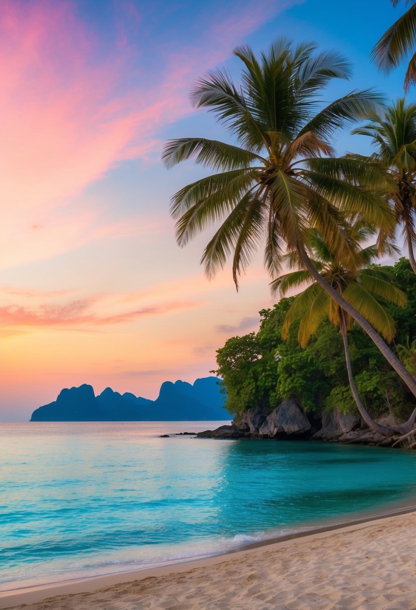 A serene beach at sunset, with palm trees, clear blue waters, and a colorful sky, making Phuket, Thailand one of the best honeymoon destinations in the world