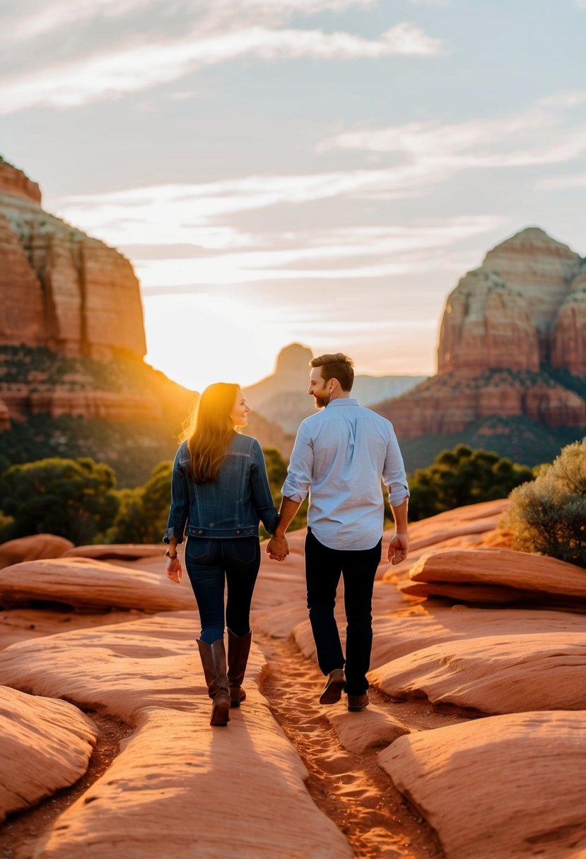 A couple walks hand in hand through the red rock canyons of Sedona, Arizona, with the sun setting behind them