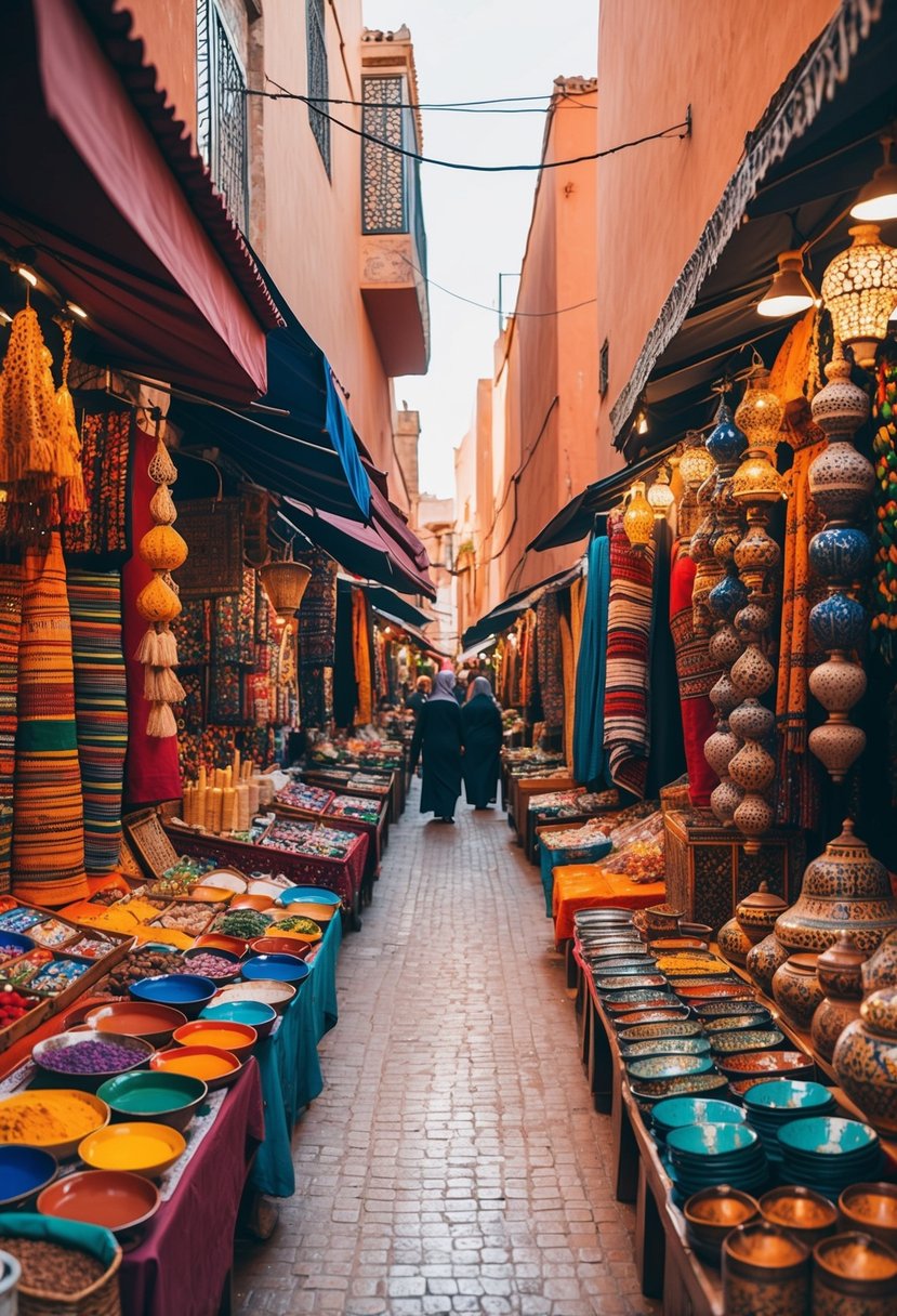 Vibrant market stalls line narrow alleyways in Marrakech, Morocco. The bustling souks are filled with colorful textiles, intricate ceramics, and the scent of exotic spices