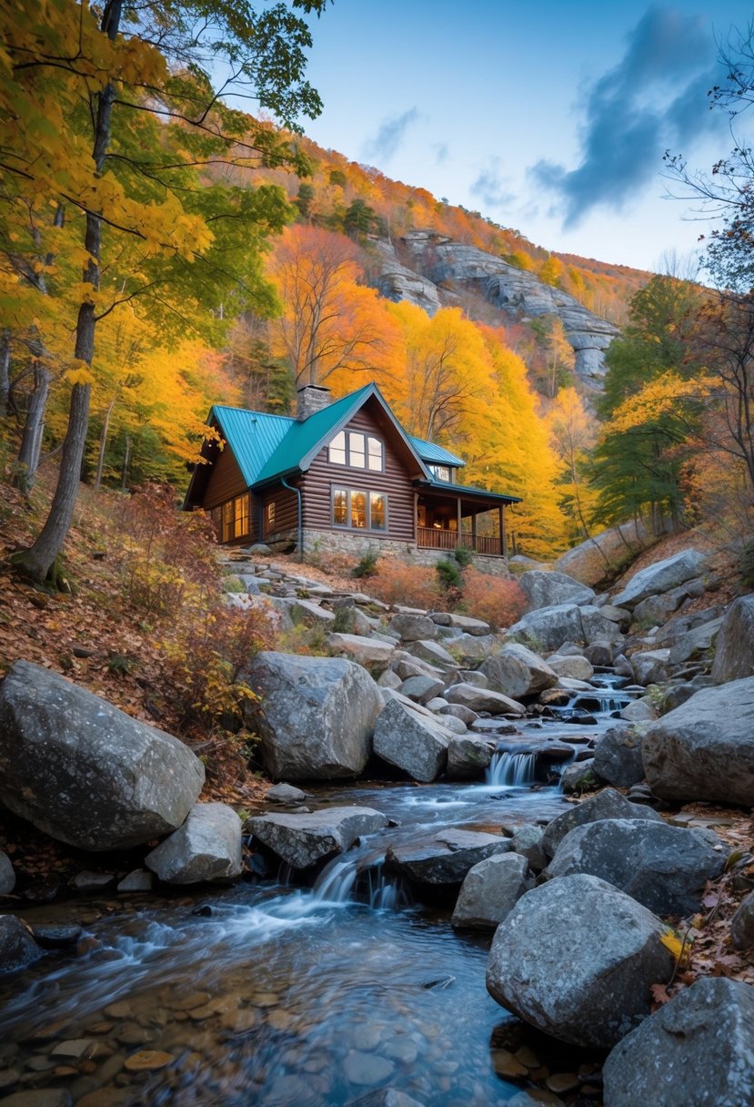 A cozy cabin nestled in the Blue Ridge Mountains, surrounded by colorful fall foliage and a tranquil stream flowing nearby