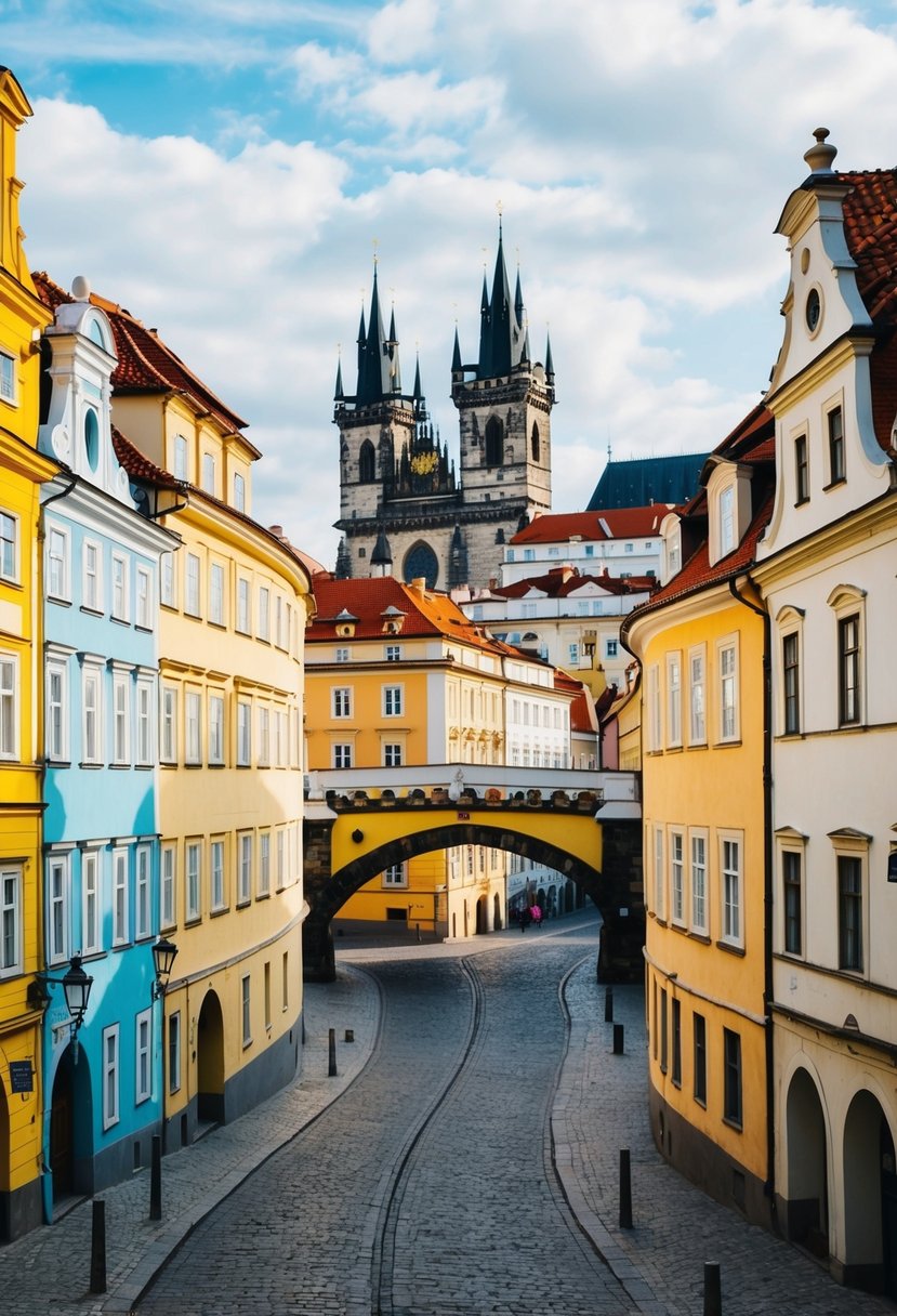 A charming view of Prague's historic streets and colorful buildings, with the iconic Charles Bridge and Prague Castle in the background