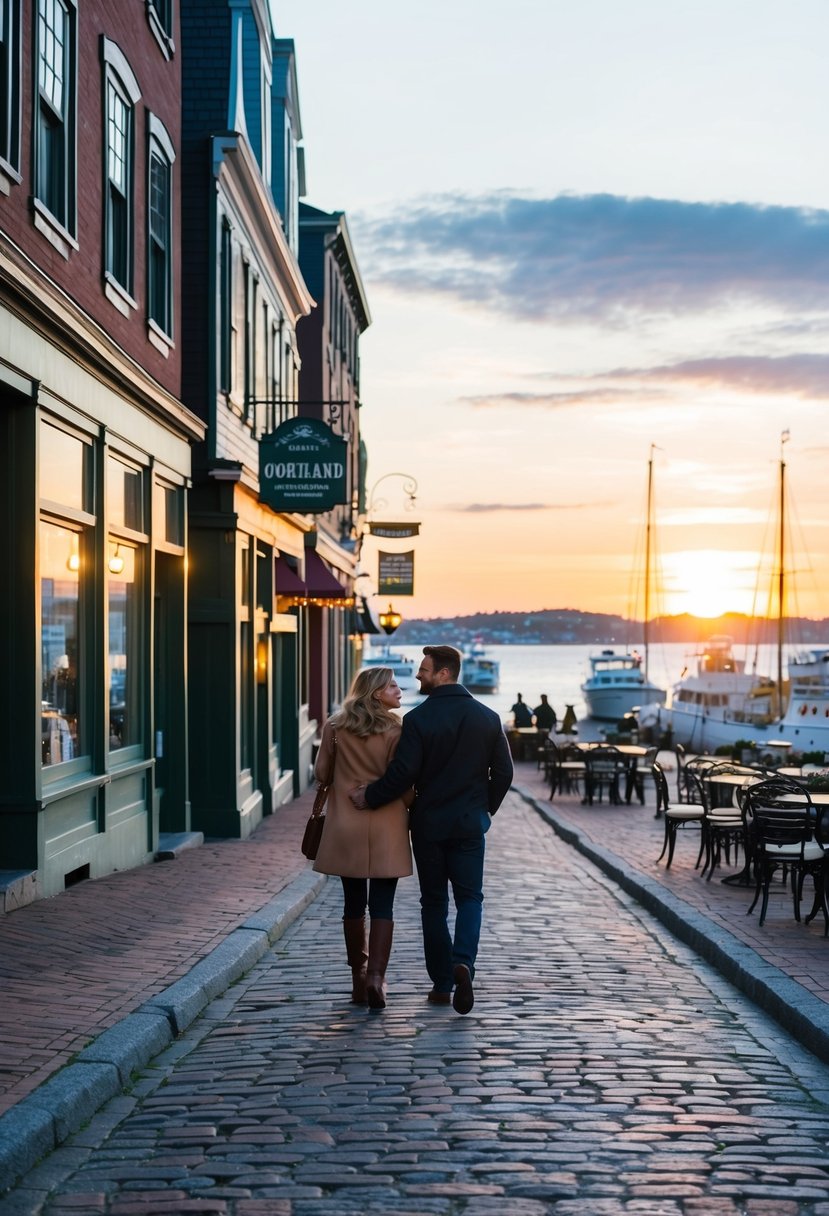 A couple strolling along a cobblestone street lined with charming shops and cafes in Portland, Maine. The sun sets over the harbor, casting a warm glow on the historic buildings