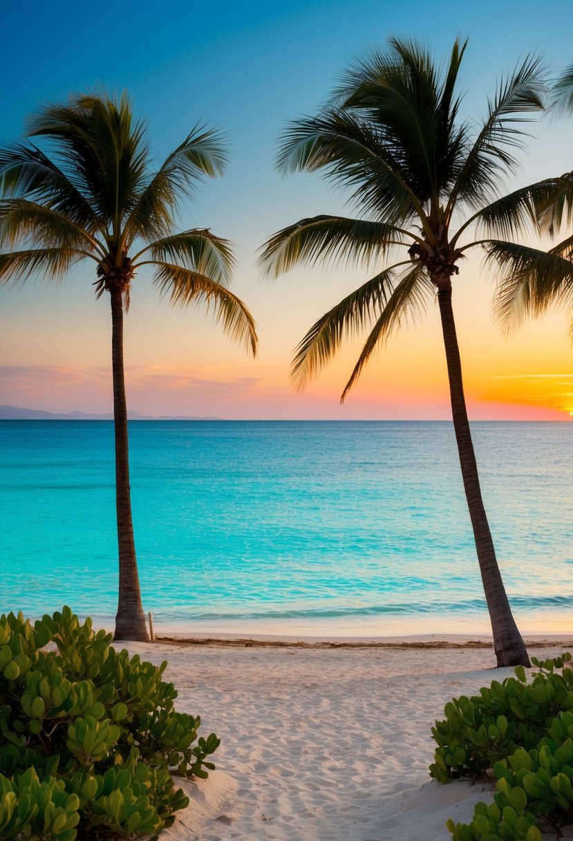 A secluded beach with crystal-clear turquoise waters, palm trees swaying in the breeze, and a colorful sunset over the horizon