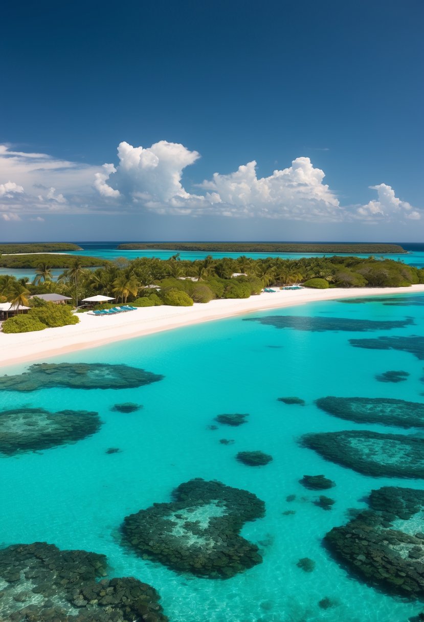 Crystal-clear waters surround lush, tropical islands with white sandy beaches. Colorful coral reefs and palm trees complete the picturesque setting of the Whitsundays, Australia