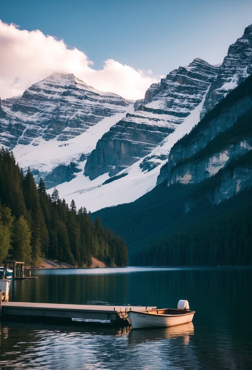 A serene lake surrounded by snow-capped mountains and lush forests, with a small boat docked on the shore