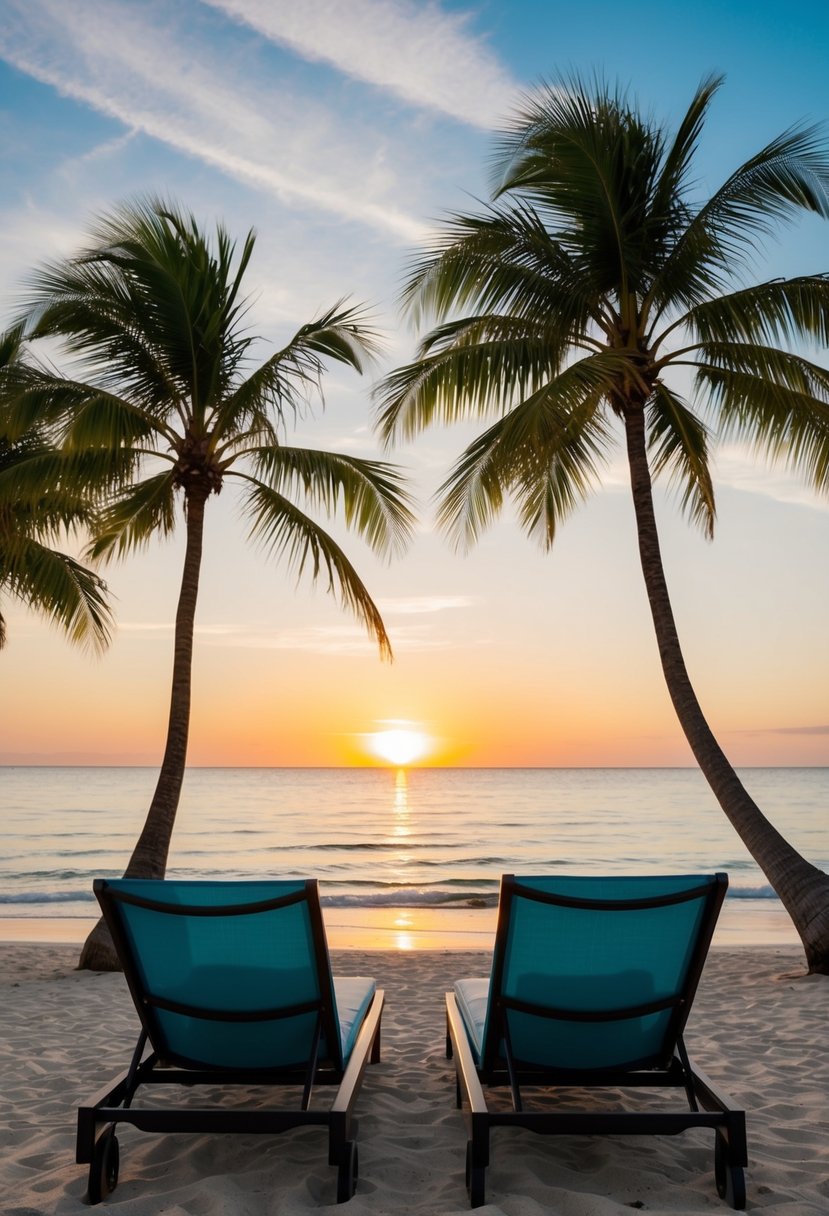 A serene beach at sunset, with palm trees, crystal-clear waters, and a couple of lounge chairs facing the ocean