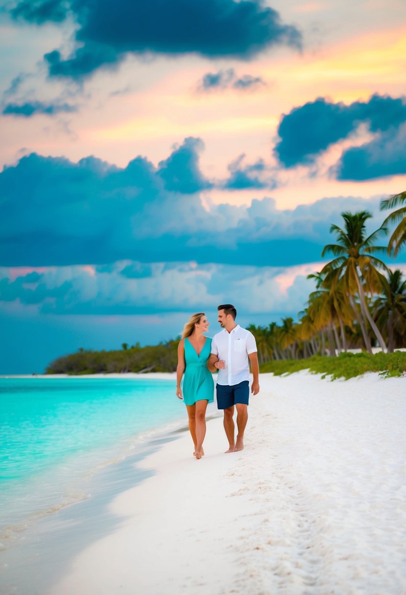 A couple strolling on a white sandy beach, with crystal clear turquoise waters and palm trees lining the shore. A colorful sunset paints the sky in the background