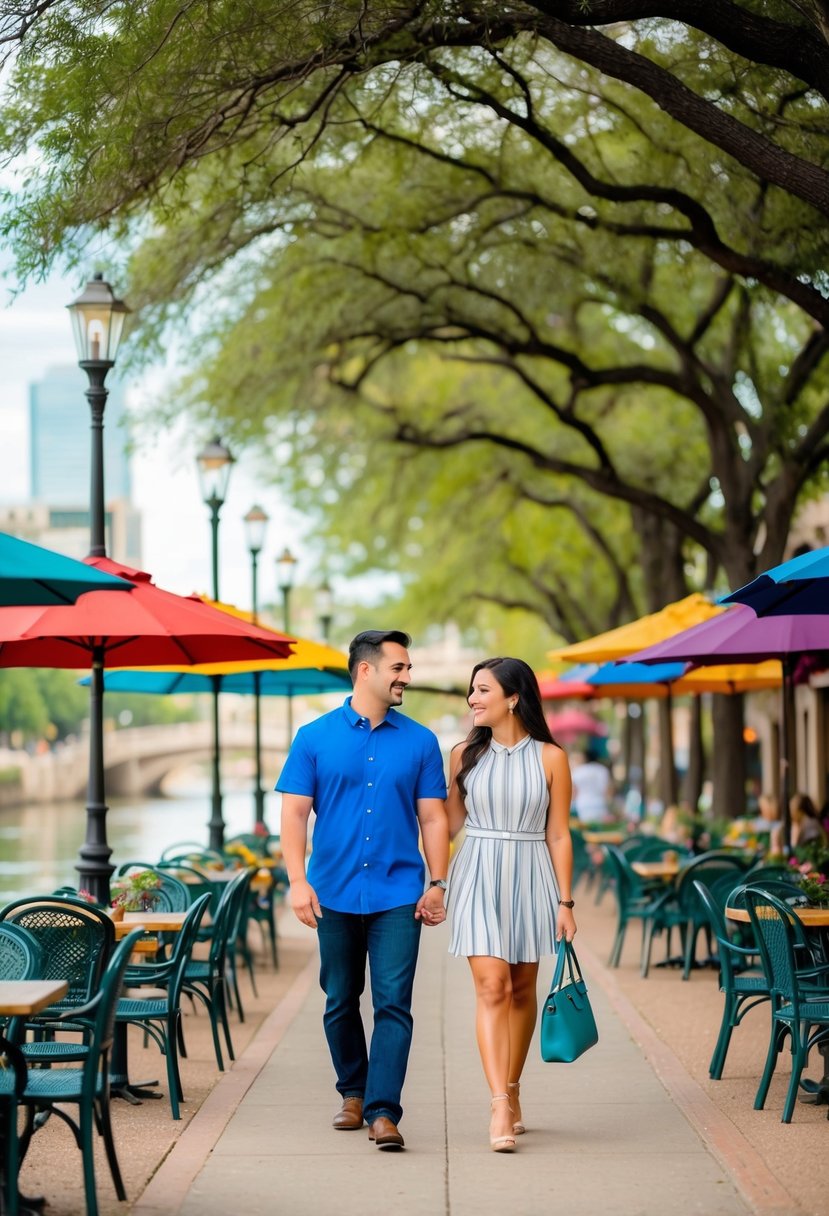 A couple strolling along the scenic River Walk in San Antonio, Texas, passing by charming cafes and colorful umbrellas shading outdoor tables