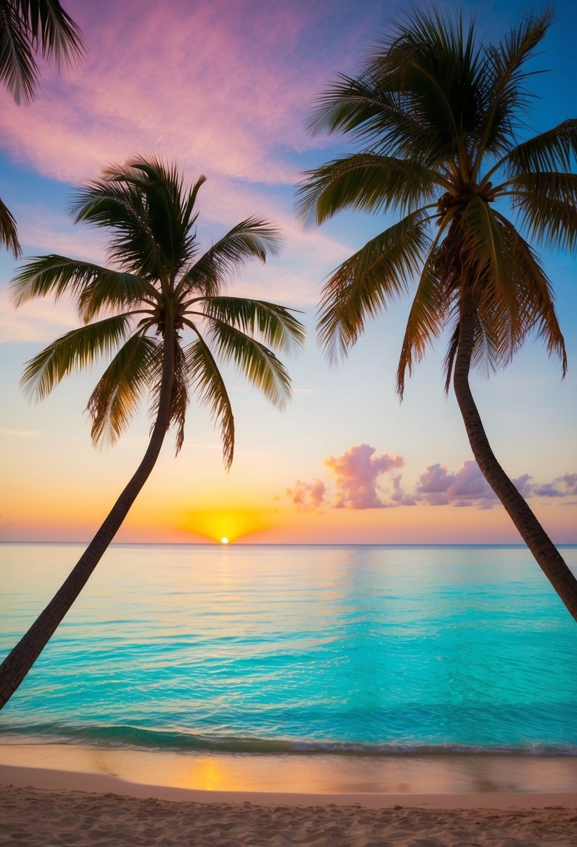 A serene beach with crystal-clear turquoise waters, palm trees swaying in the gentle breeze, and a vibrant sunset casting a warm glow over the horizon
