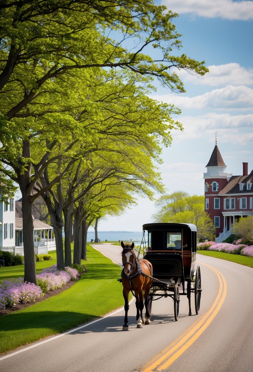 A horse-drawn carriage travels along a tree-lined road on Mackinac Island, passing by historic buildings and blooming flowers