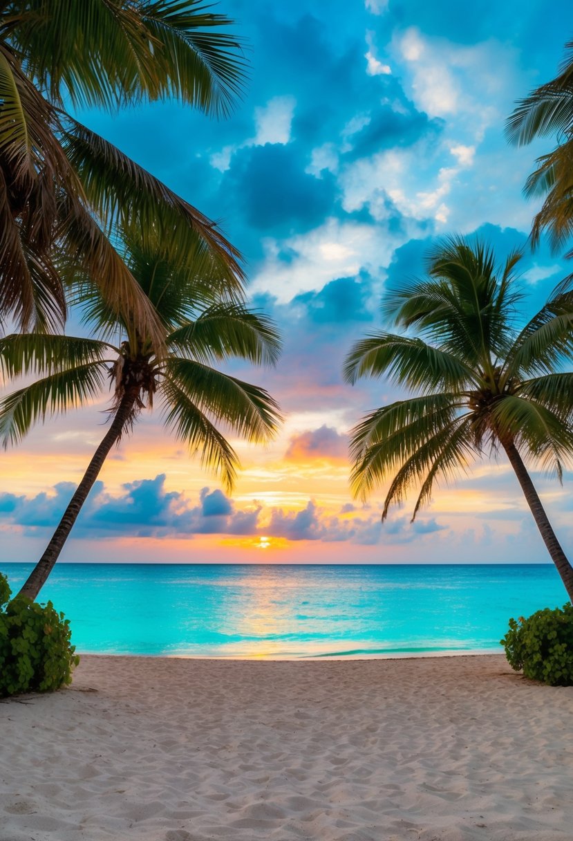 A serene beach with palm trees, turquoise waters, and a colorful sunset in Jamaica, one of the best honeymoon destinations in the Caribbean