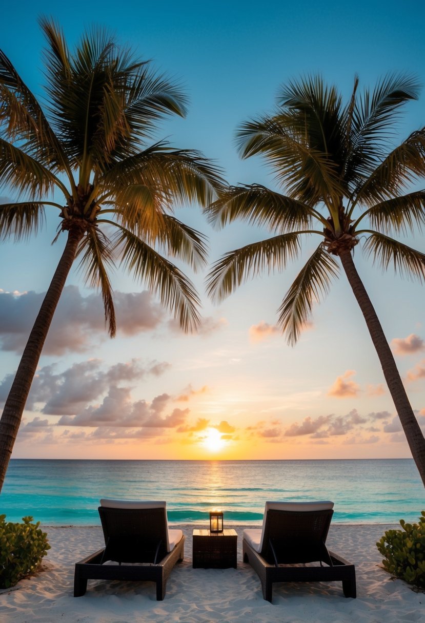 A serene beach at sunset, with palm trees, crystal-clear waters, and a couple of lounge chairs set up for a romantic evening in Turks and Caicos