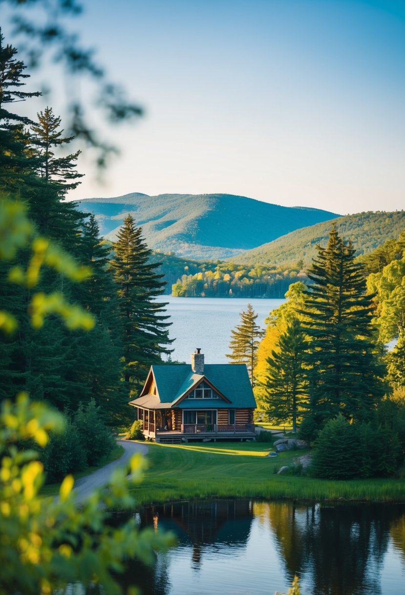 A cozy cabin nestled in the Adirondack Mountains, surrounded by lush forests and a tranquil lake, with a backdrop of rolling hills and clear blue skies