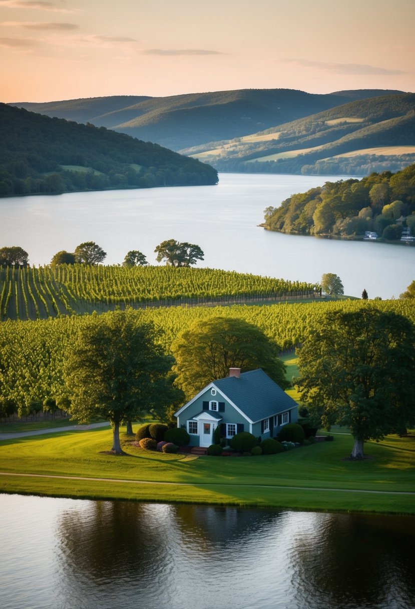 Rolling hills, vineyards, and serene lakes in Finger Lakes, NY. A charming cottage nestled among the trees with a view of the water
