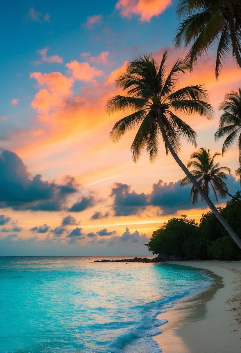 A serene beach with crystal-clear turquoise waters, palm trees swaying in the gentle breeze, and a vibrant sunset painting the sky in hues of orange and pink