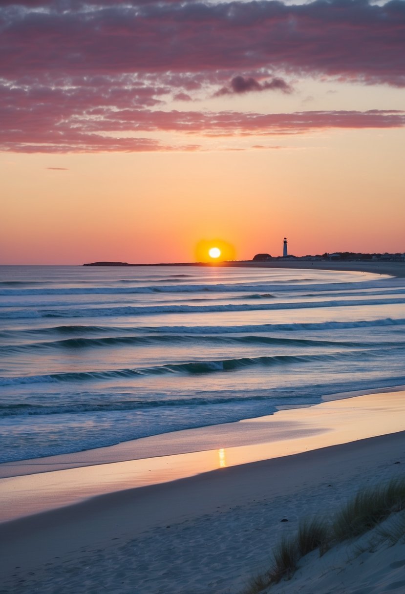 A serene beach at sunset, with gentle waves and a colorful sky, framed by sand dunes and a distant lighthouse