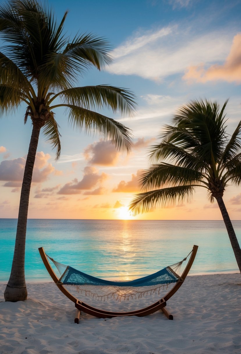 A serene beach at sunset, with palm trees and a hammock overlooking crystal clear blue waters in the Bahamas