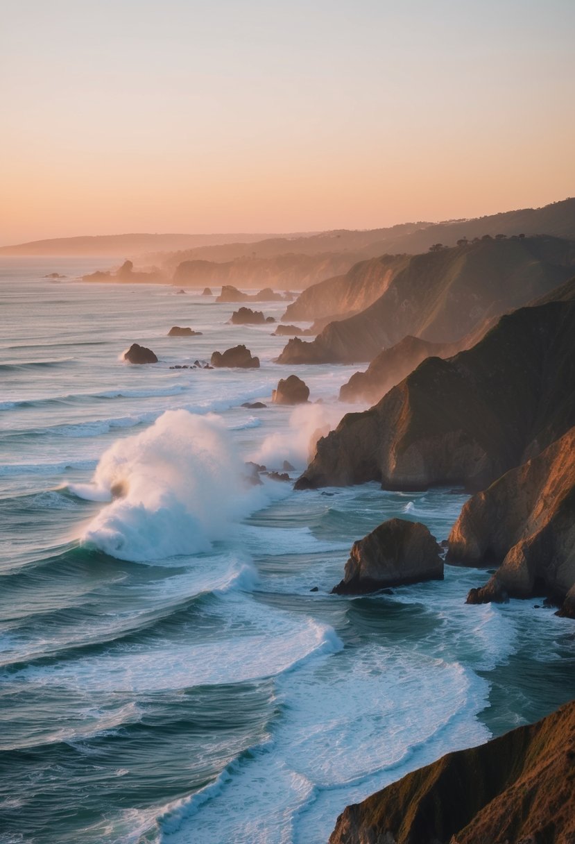 A serene coastal landscape with rugged cliffs, crashing waves, and a picturesque sunset over the Pacific Ocean in Big Sur, California