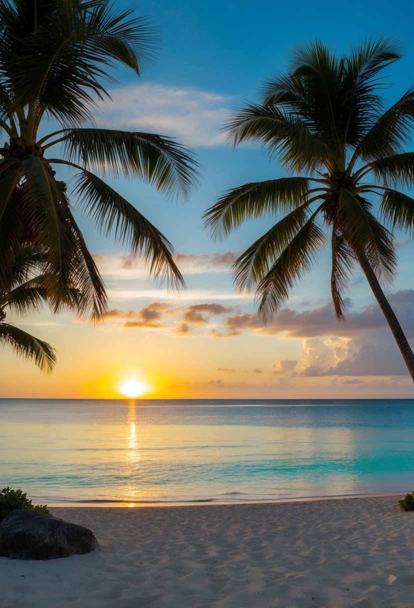 A secluded beach with crystal clear waters and palm trees, overlooking the sunset in Grenada, Caribbean