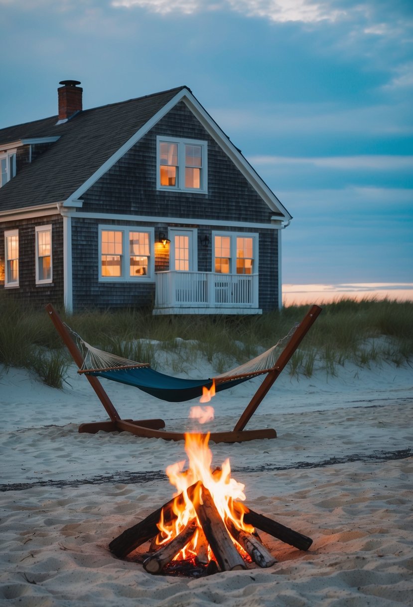 A cozy beachside cottage on Cape Cod, with a hammock swaying in the gentle breeze and a bonfire crackling on the shore