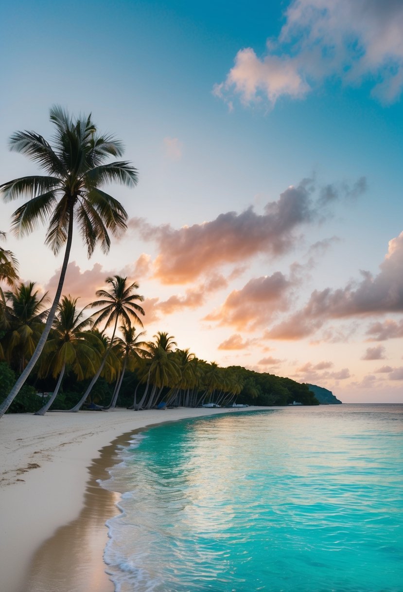 A secluded beach with crystal clear turquoise waters and palm trees lining the shore, with a colorful sunset in the background