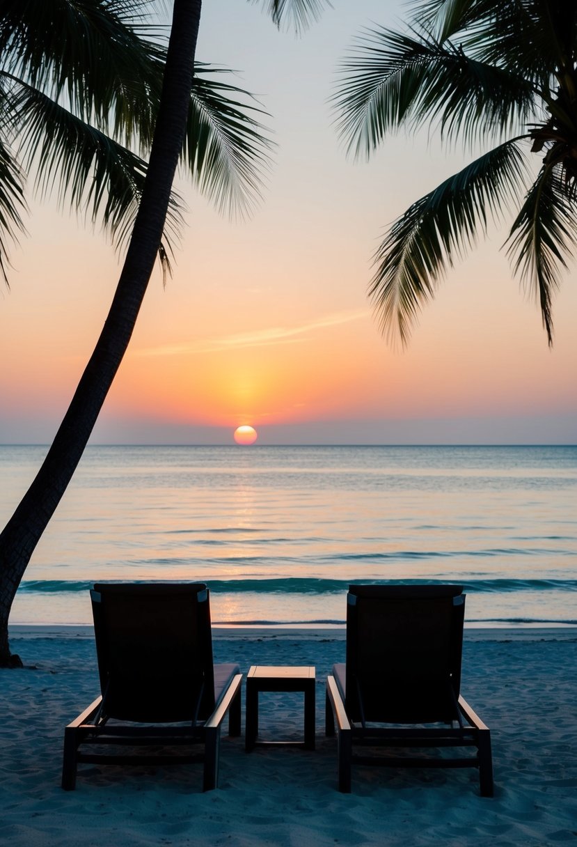 A tranquil beach at sunset with palm trees, crystal clear waters, and a couple of lounge chairs facing the ocean
