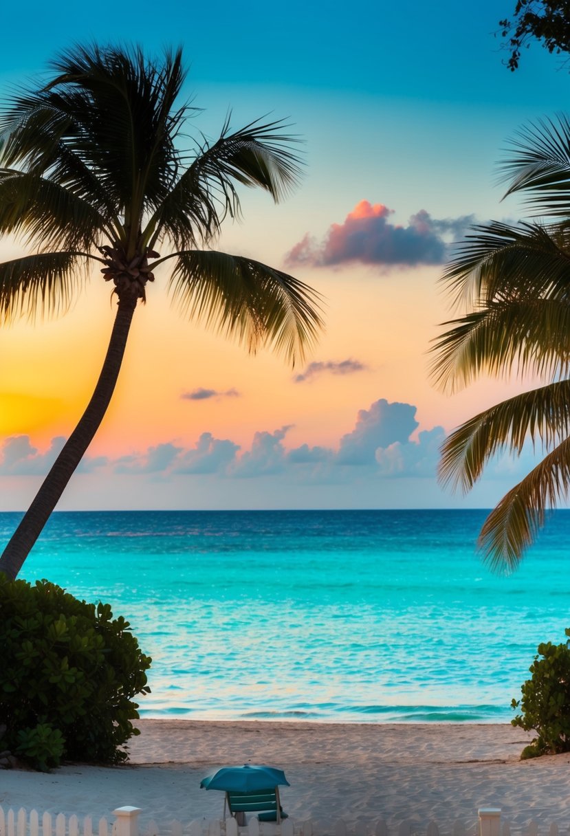A serene beach with crystal-clear turquoise waters, palm trees, and a colorful sunset in the background, creating a romantic atmosphere for honeymooners in the Cayman Islands