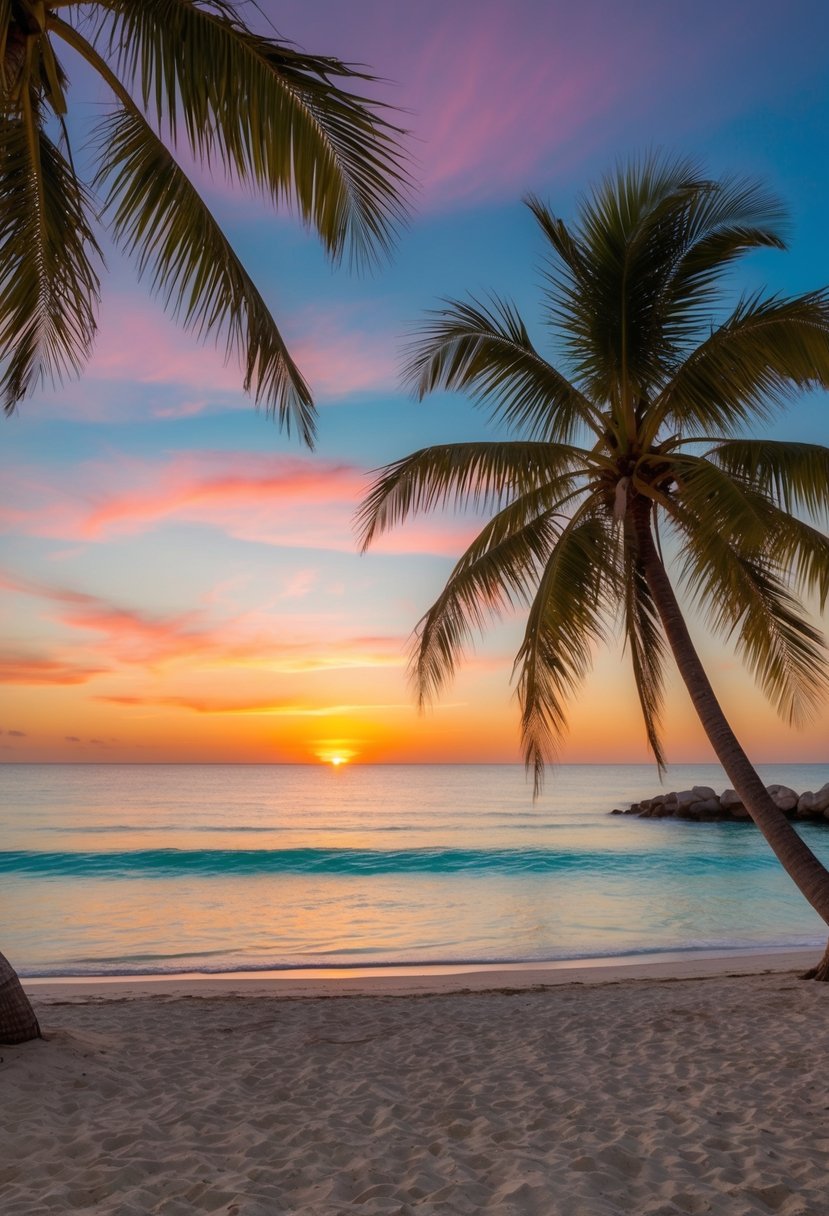 A secluded beach with palm trees and crystal-clear waters, overlooking a vibrant sunset