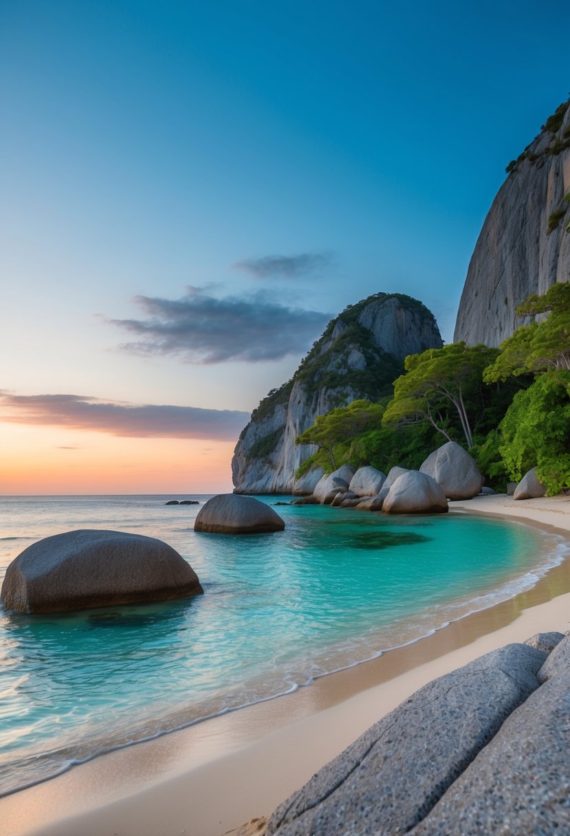 A secluded beach at sunset, with crystal-clear turquoise waters and lush greenery, surrounded by towering granite boulders