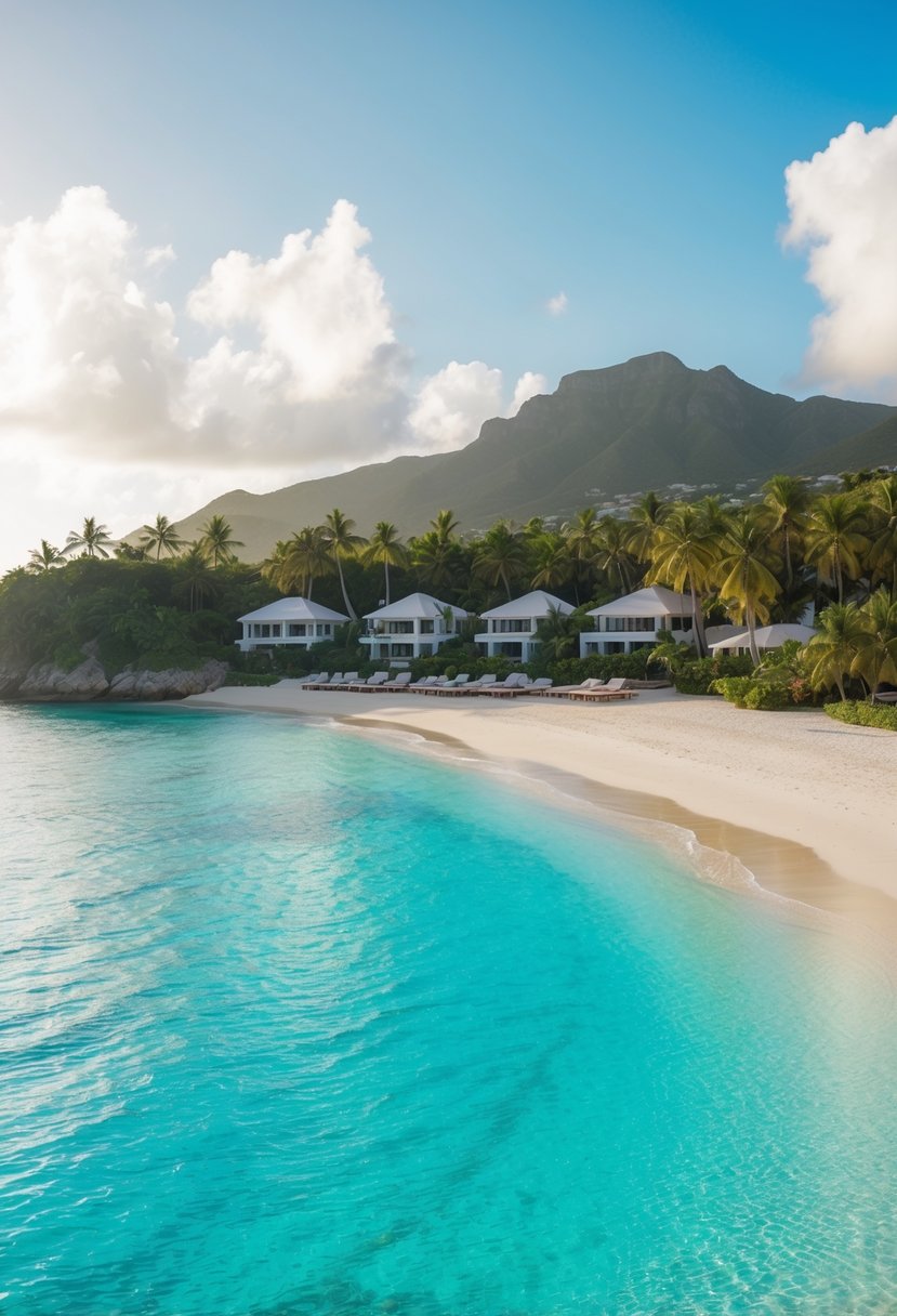 A secluded beach with crystal clear turquoise waters, palm trees, and luxurious beachfront villas nestled along the coastline of St. Barts