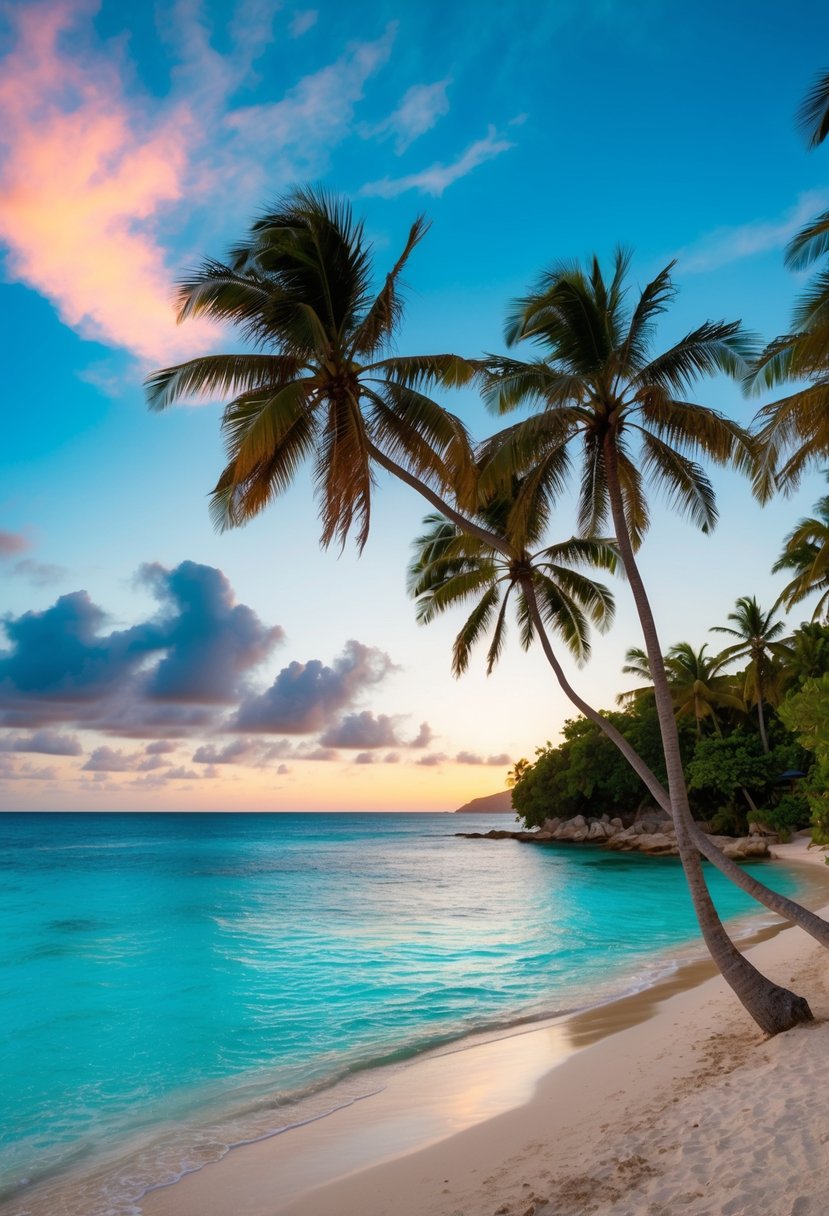 A secluded beach with crystal-clear turquoise waters, palm trees swaying in the gentle breeze, and a colorful sunset painting the sky over St. Martin
