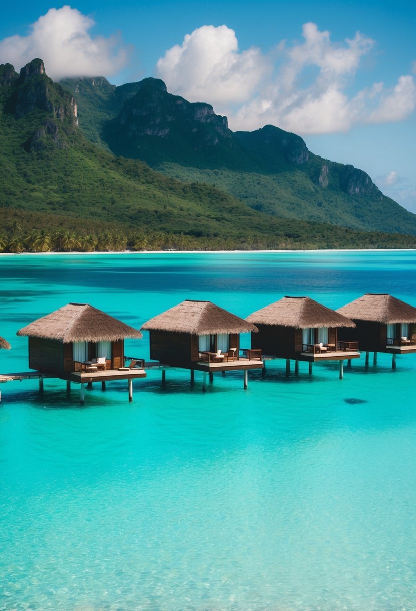 Overwater bungalows on crystal-clear turquoise water with lush green mountains in the background