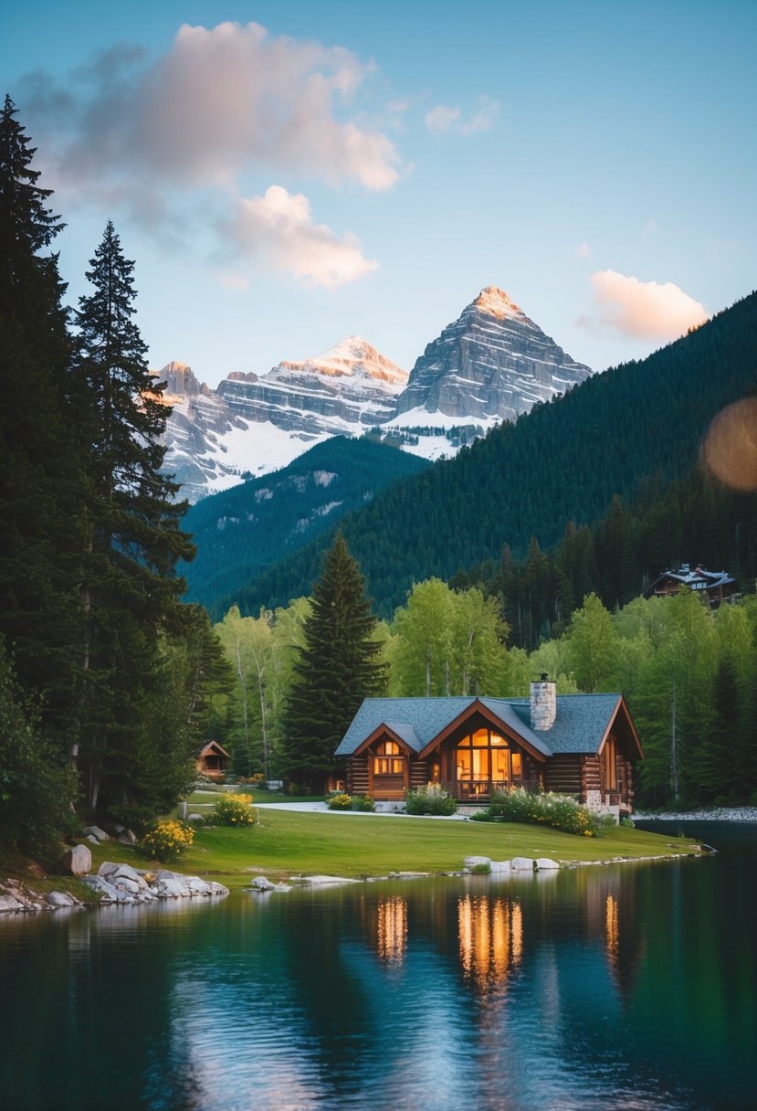 A cozy cabin nestled in the mountains, surrounded by lush greenery and a serene lake, with snow-capped peaks in the distance