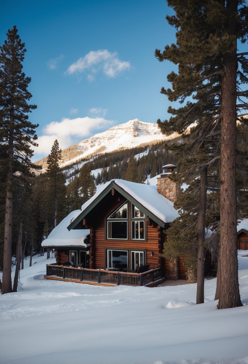A cozy cabin nestled in the snowy mountains of Aspen, Colorado, surrounded by tall pine trees and a clear blue sky