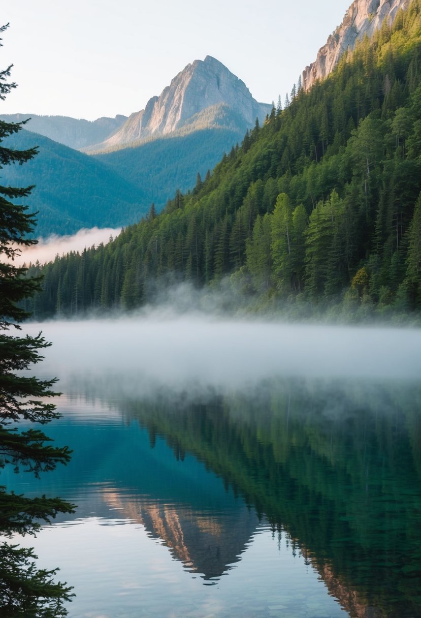 A serene mountain lake with mist rising from the water, surrounded by lush green forests and towering peaks in Lake Placid, New York