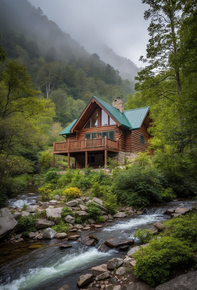 A cozy cabin nestled in the misty mountains of Gatlinburg, Tennessee, surrounded by lush greenery and a serene, flowing river