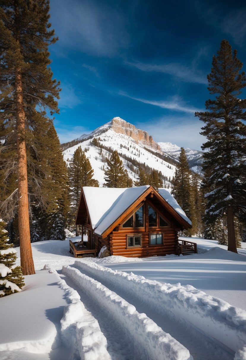 A cozy cabin nestled in the snow-covered mountains of Jackson Hole, Wyoming, surrounded by pine trees and a clear blue sky