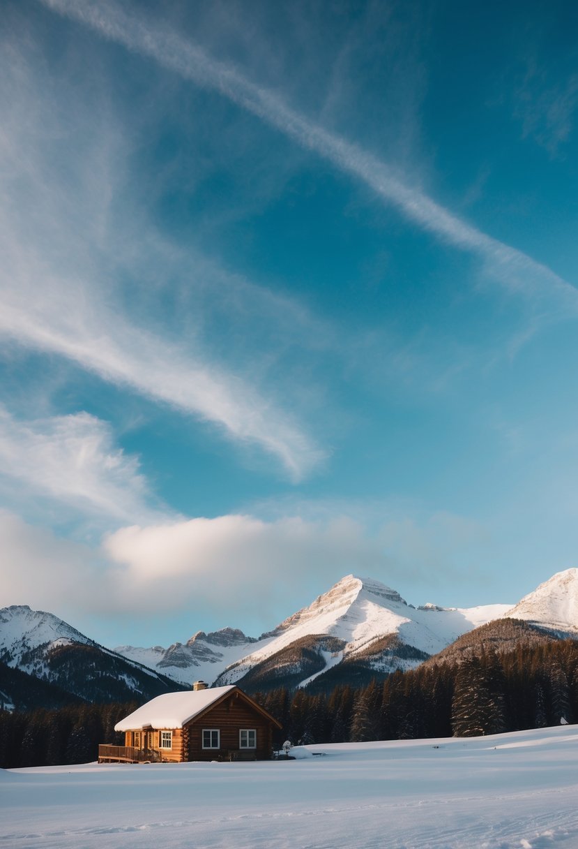 A cozy cabin nestled in the snow-capped mountains of Big Sky, Montana, with a clear blue sky and a tranquil atmosphere