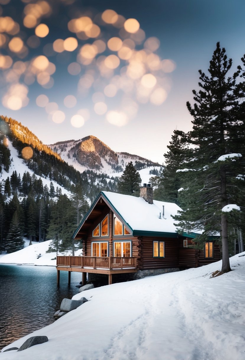 A cozy cabin nestled in the snowy mountains of Stowe, Vermont, surrounded by pine trees and a serene lake
