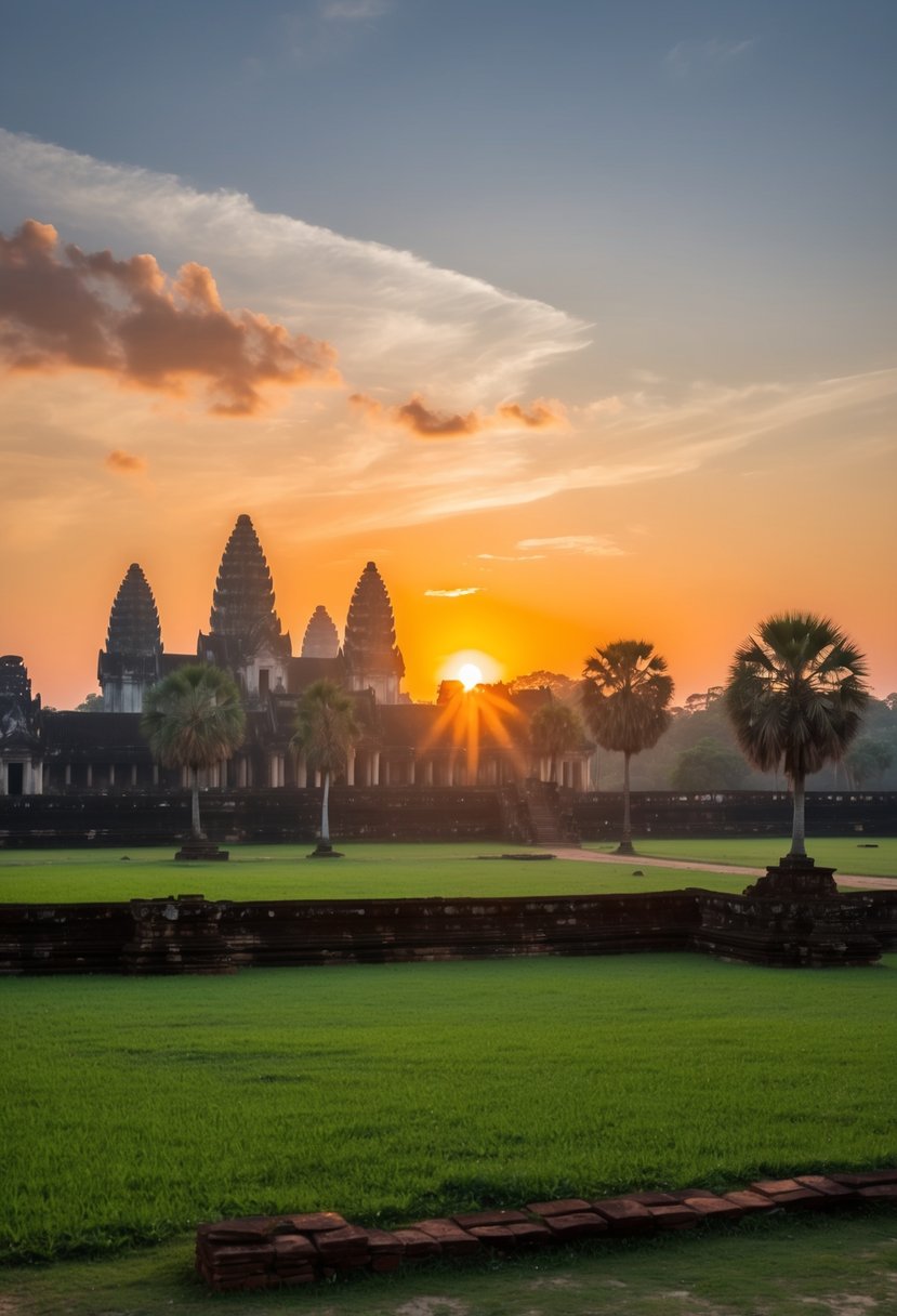 A serene sunset over the ancient temples of Siem Reap, Cambodia, casting a warm glow over the lush green landscape