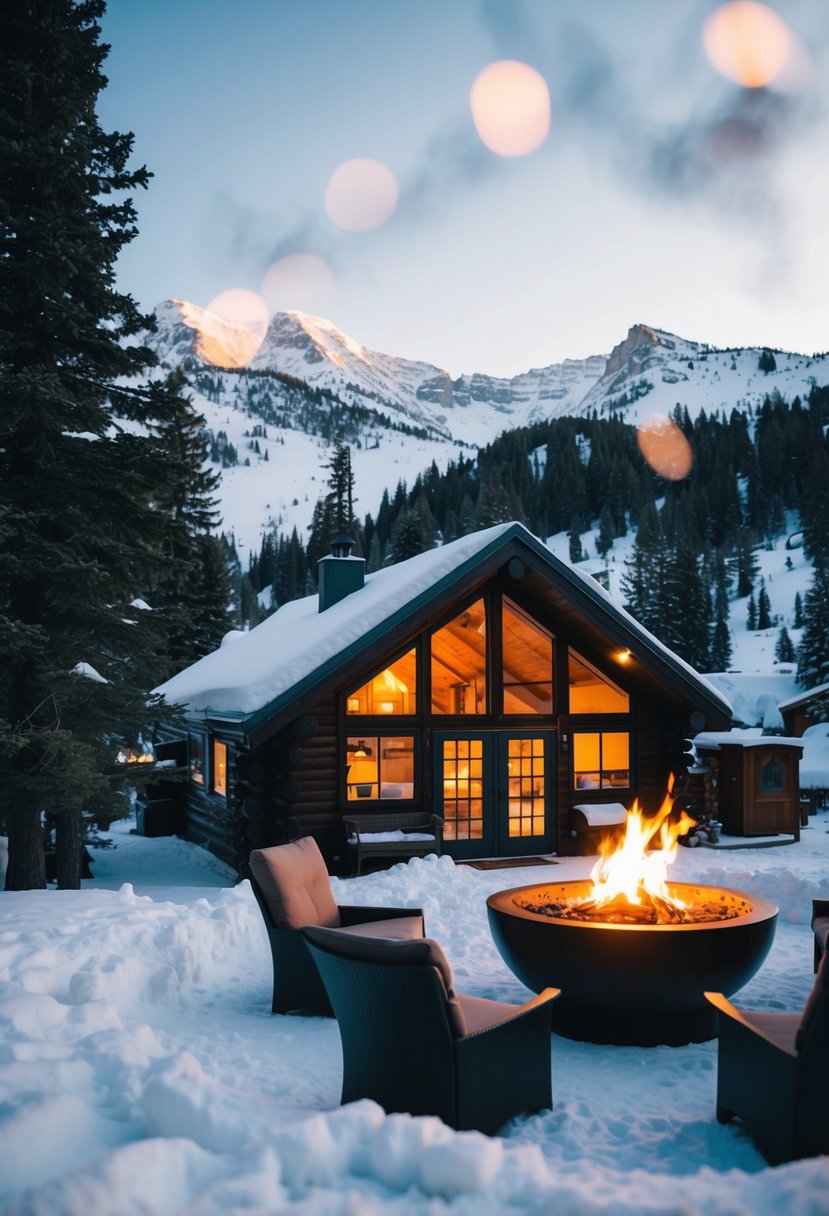 A cozy cabin nestled among snow-covered mountains, with a bubbling hot tub and a crackling fire pit outside