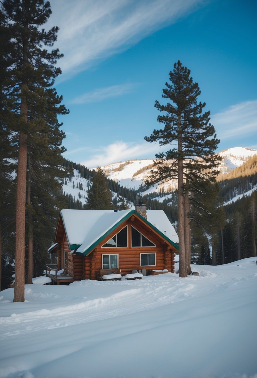A cozy cabin nestled in the snow-covered mountains of Sun Valley, Idaho, surrounded by tall pine trees and a clear blue sky