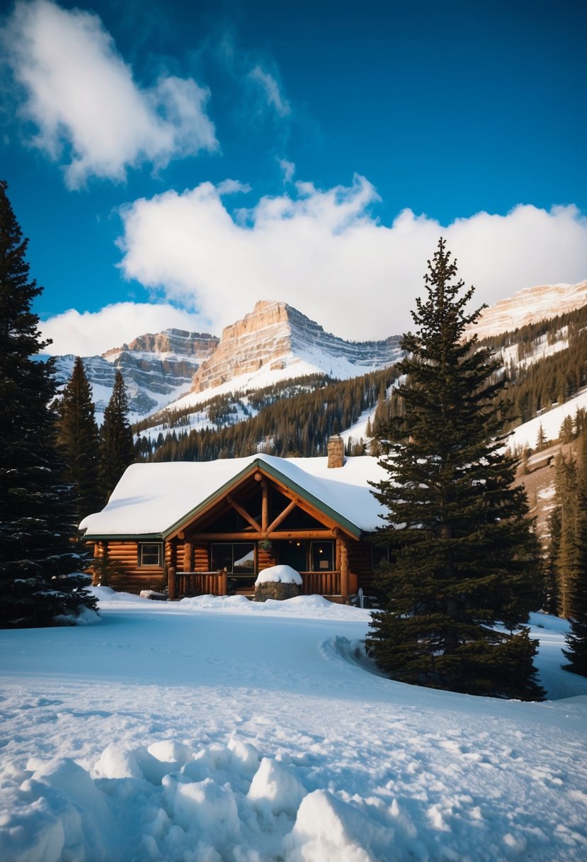 A cozy cabin nestled in the snow-covered mountains of Telluride, with a clear blue sky and pine trees all around