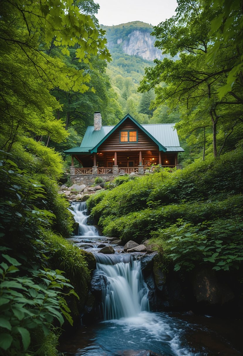 A cozy cabin nestled in the Blue Ridge Mountains, surrounded by lush greenery and the sound of a nearby waterfall