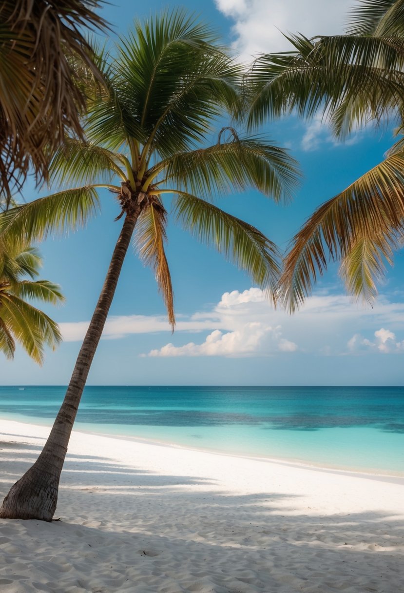 A serene beach with palm trees, white sand, and clear blue water, perfect for a romantic honeymoon getaway