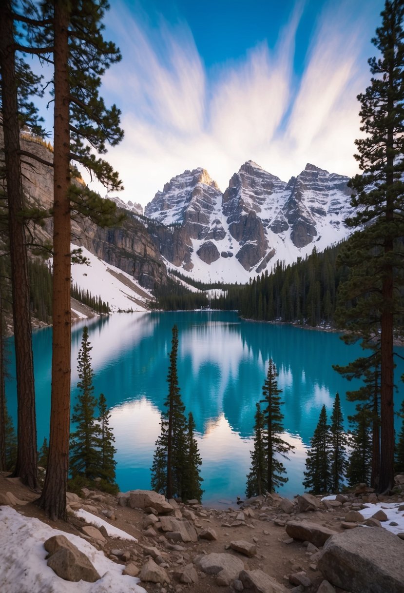 A serene mountain lake surrounded by tall pine trees and snow-capped peaks in Mammoth Lakes, California