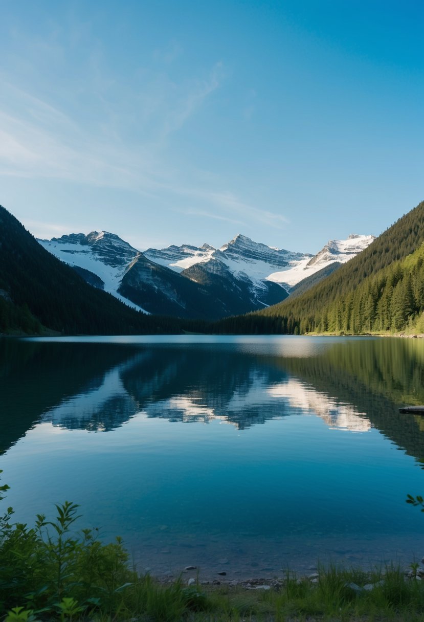 A serene lake nestled among snow-capped mountains, with a clear blue sky and lush greenery surrounding the shore