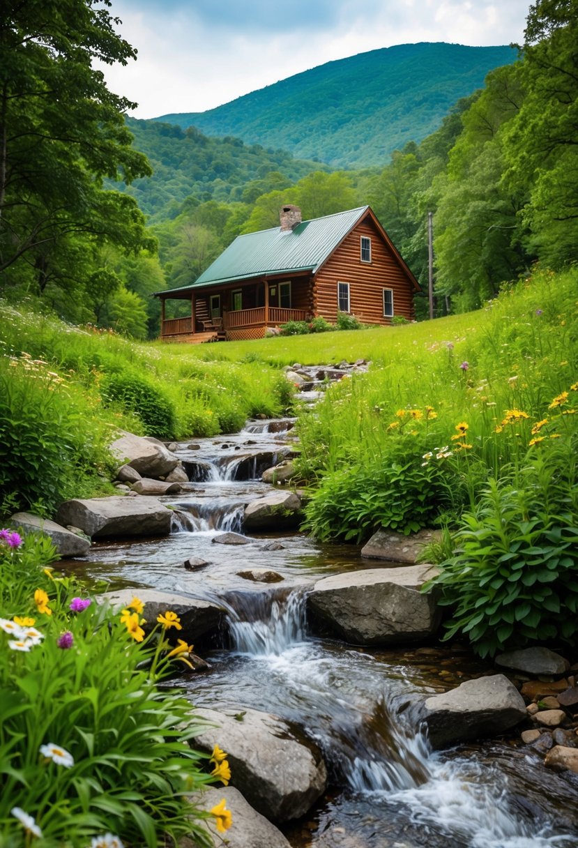 A cozy cabin nestled among the lush green mountains of Luray, Virginia, with a bubbling stream and colorful wildflowers surrounding it