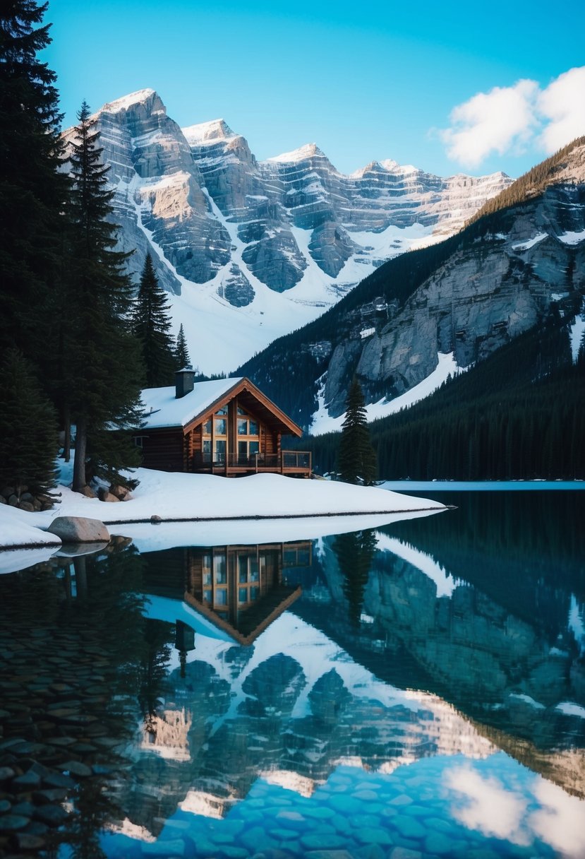 A cozy cabin nestled among snow-capped mountains, with a pristine lake reflecting the clear blue sky